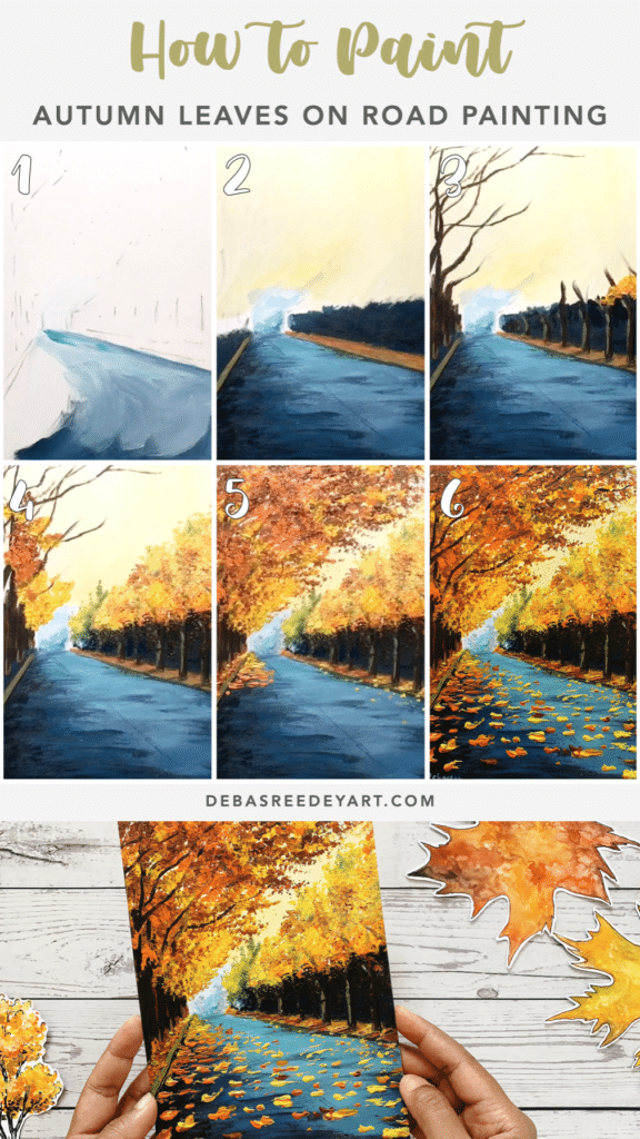 autumn leaves on road painting